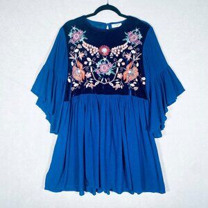 Umgee Dress Womens M Blue Velvet Floral Embroidered Smocked Mini